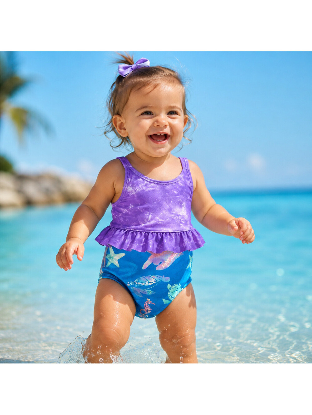Dot & Zazz Girl's Bathing Suit 1 pc Blue Purple Sea Turtle Swim Pool 18-24 Mths
